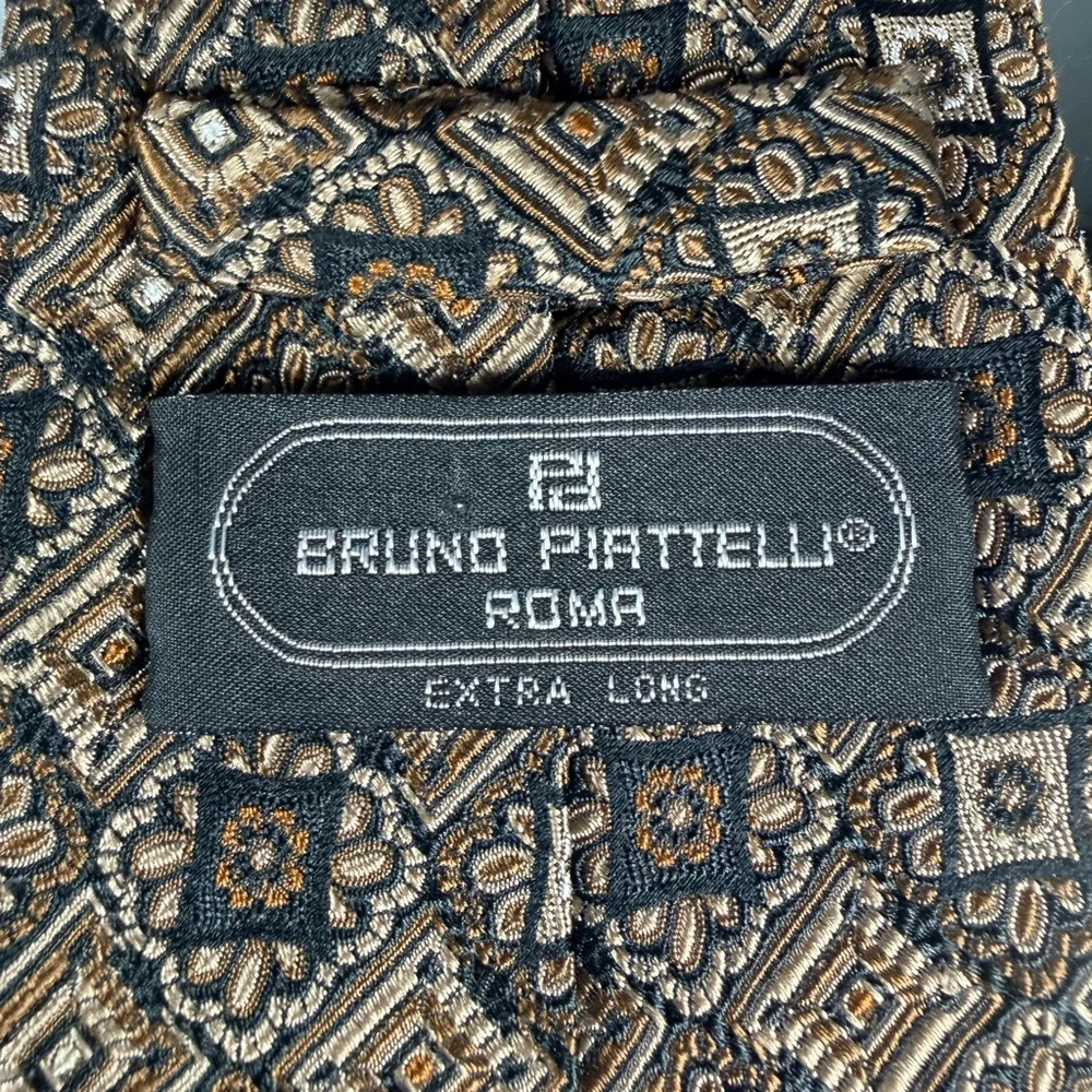 Bruno Piattelli Roma Extra Long Mens Silk Necktie Bronze Gold Geometric Print